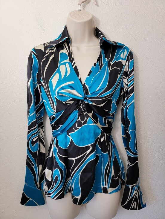 Cache Tops - Cache Blue Black and White Twist-Front Long Sleeve Blouse